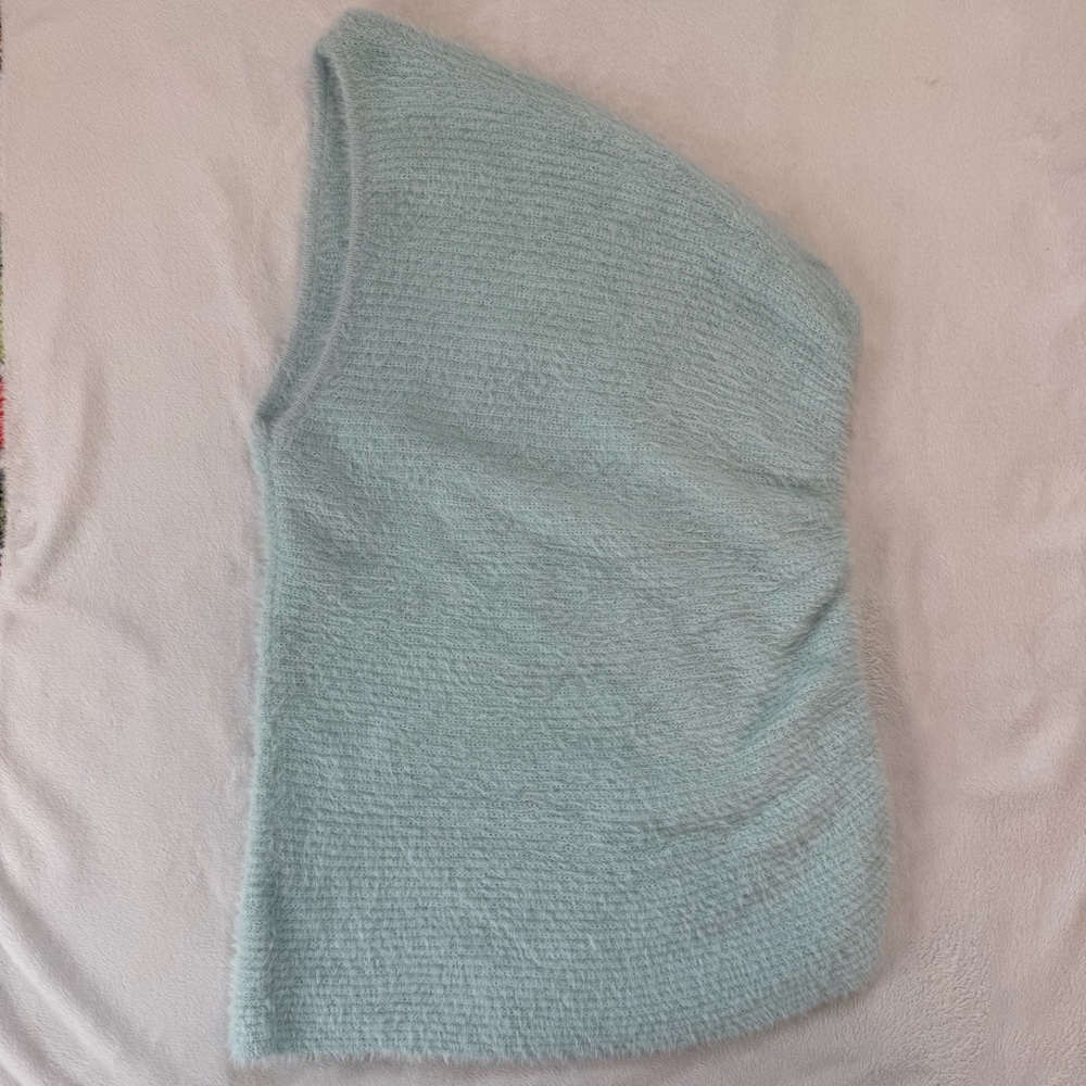 Anthropologie One-Shoulder Light Mint Blue Eyelash Sweater Tank - Picture 7 of 9
